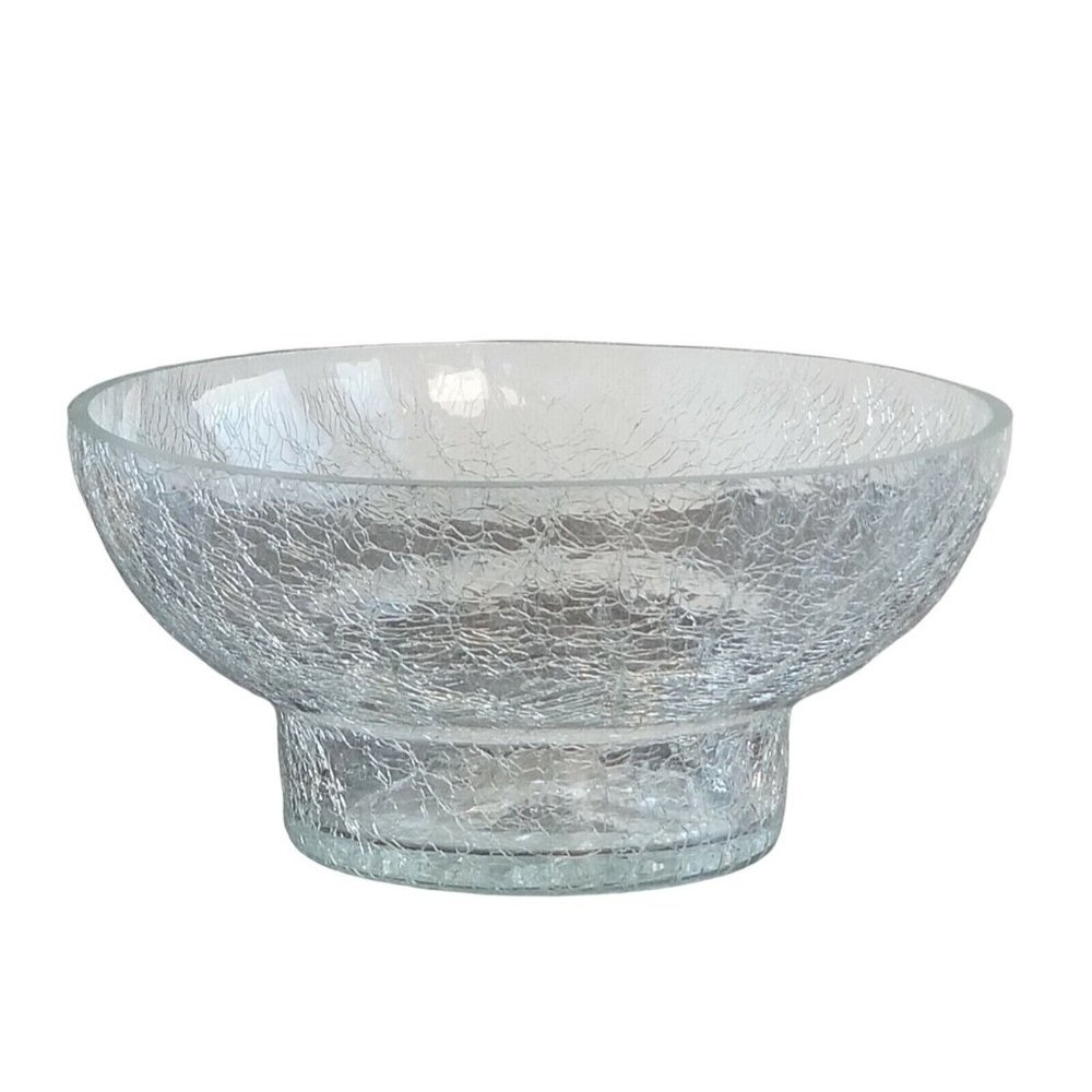 Vintage Hand Blown Crackle Art Glass Raised Bowl Heavy Thick 8.5" Raw Cut Rim